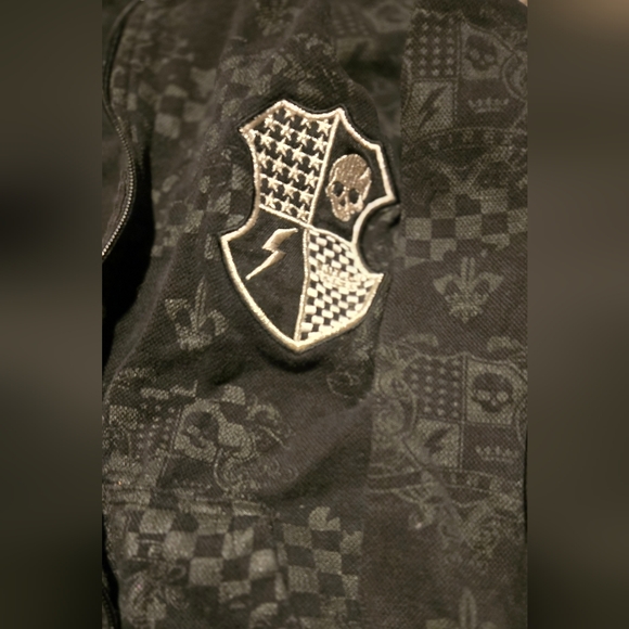 Avirex black & gray unisex skull checkered skate hoodie szS - Picture 4 of 6